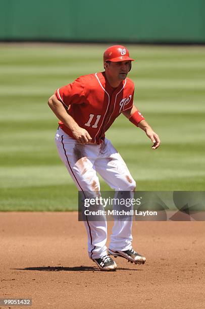 Ryan Zimmerman of the Washington Nationals leads off second base during a baseball game against the Florida Marlins on May 8, 2010 at Nationals Park...