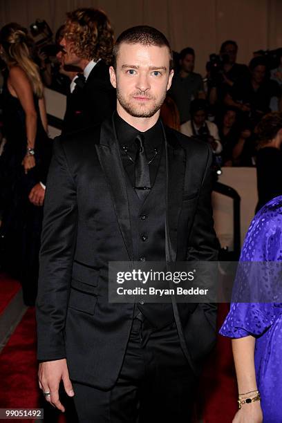 Musician Justin Timberlake attends the Metropolitan Museum of Art's 2010 Costume Institute Ball at The Metropolitan Museum of Art on May 3, 2010 in...