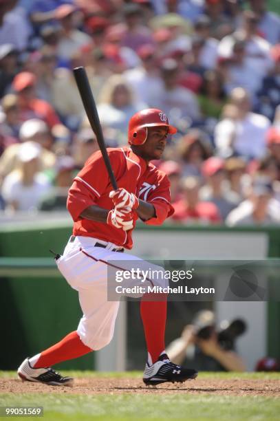 Nyjer Morgan of the Washington Nationals takes a swing during a baseball game against the Florida Marlins on May 8, 2010 at Nationals Park in...