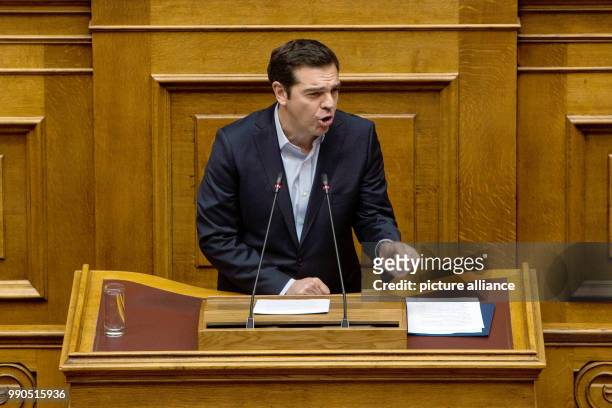 The Greek Prime Minister Alexis Tsipras delivers a speech at the parliament in Athens, Greece, 15 January 2018. The chamber is to approve of further...
