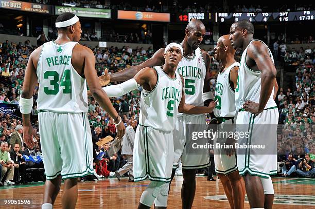 Paul Pierce, Rajon Rondo, Kevin Garnett, Ray Allen and Kendrick Perkins of the Boston Celtics huddle together in Game Three of the Eastern Conference...