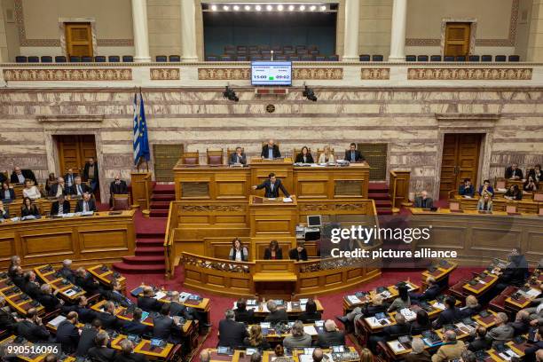The Greek Prime Minister Alexis Tsipras delivers a speech at the parliament in Athens, Greece, 15 January 2018. The chamber is to approve of further...