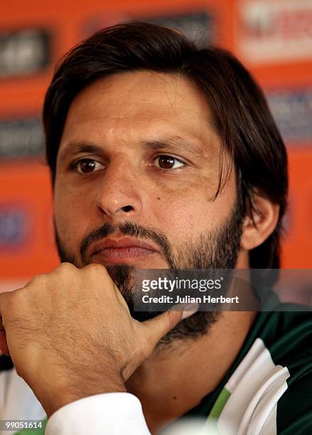 Shahid Afridi, captain of the Pakistan World Twenty20 team, speaks at a press conference at the Beausjour Cricket Ground on May 12, 2010 in Gros...