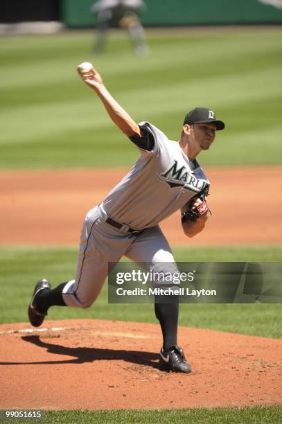 Josh Johnson of the Florida Marlins pitches during a baseball game against the Washington Nationals on May 8, 2010 at Nationals Park in Washington,...