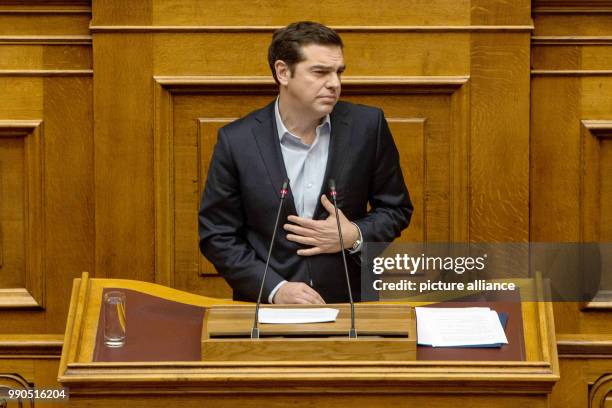 The Greek Prime Minister Alexis Tsipras delivers a speech at the parliament in Athens, Greece, 15 January 2018. The chamber is to approve of further...