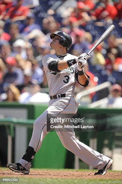 Jorge Cantu of the Florida Marlins takes a swing during a baseball game against the Washington Nationals on May 8, 2010 at Nationals Park in...