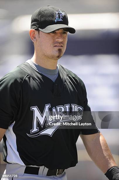 Jorge Cantu of the Florida Marlins looks on before a baseball game against the Washington Nationals on May 8, 2010 at Nationals Park in Washington,...