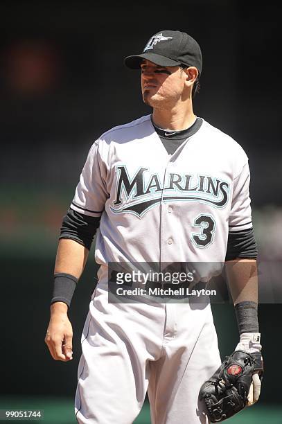 Jorge Cantu of the Florida Marlins looks on during a baseball game against the Washington Nationals on May 8, 2010 at Nationals Park in Washington,...