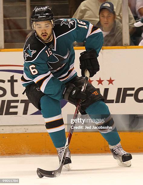 Devin Setoguchi of the San Jose Sharks in action against the Detroit Red Wings in Game Five of the Western Conference Semifinals during the 2010 NHL...