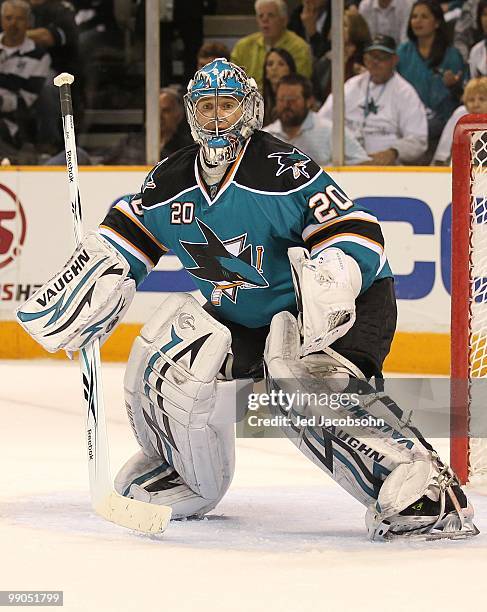 Evgeni Nabokov of the San Jose Sharks in action against the Detroit Red Wings in Game Five of the Western Conference Semifinals during the 2010 NHL...