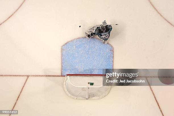 Evgeni Nabokov of the San Jose Sharks in action against the Detroit Red Wings in Game Five of the Western Conference Semifinals during the 2010 NHL...