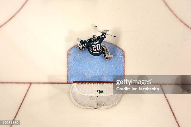 Evgeni Nabokov of the San Jose Sharks in action against the Detroit Red Wings in Game Five of the Western Conference Semifinals during the 2010 NHL...