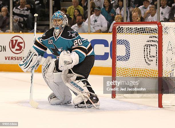 Evgeni Nabokov of the San Jose Sharks in action against the Detroit Red Wings in Game Five of the Western Conference Semifinals during the 2010 NHL...