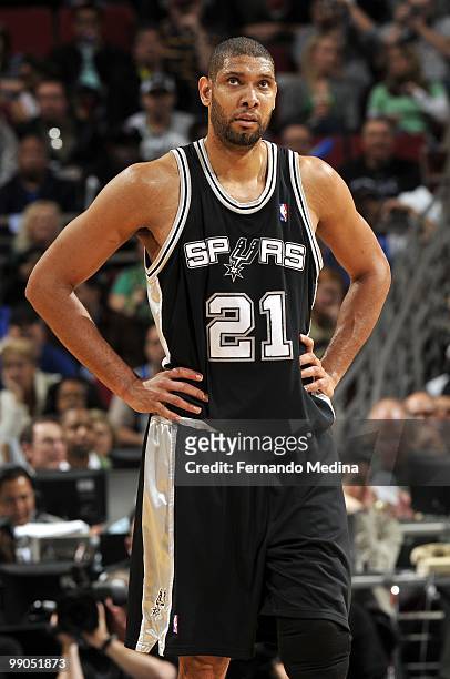 Tim Duncan of the San Antonio Spurs looks on during the game against the Orlando Magic at Amway Arena on March 17, 2010 in Orlando, Florida. The...