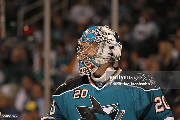 Evgeni Nabokov of the San Jose Sharks in action against the Detroit Red Wings in Game Five of the Western Conference Semifinals during the 2010 NHL...