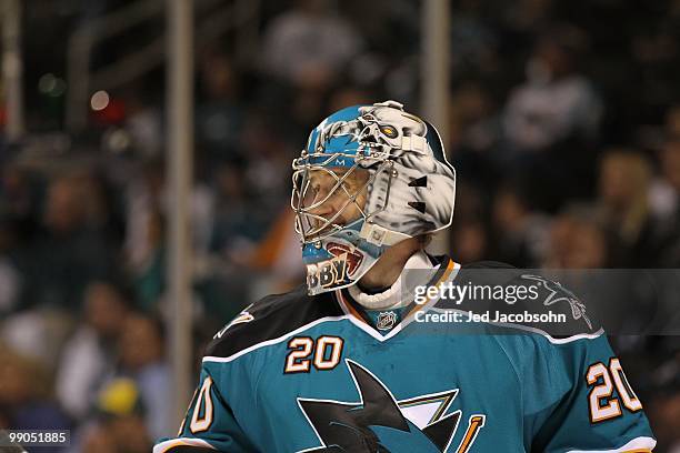 Evgeni Nabokov of the San Jose Sharks in action against the Detroit Red Wings in Game Five of the Western Conference Semifinals during the 2010 NHL...