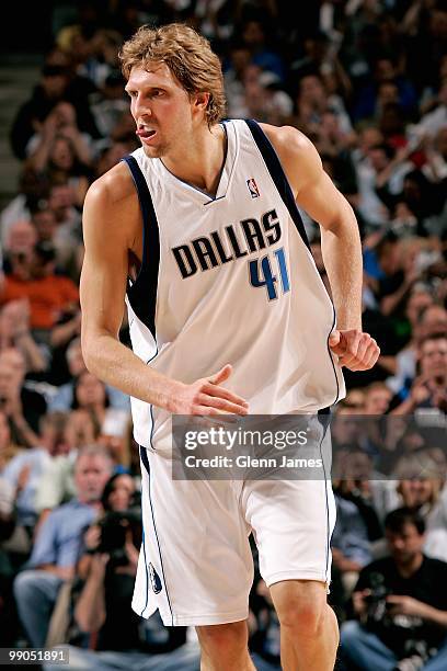 Dirk Nowitzki of the Dallas Mavericks runs up court in Game Five of the Western Conference Quarterfinals against the San Antonio Spurs during the...