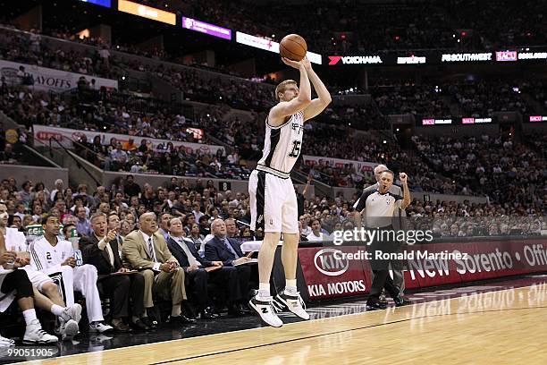 Center Matt Bonner of the San Antonio Spurs in Game Four of the Western Conference Semifinals during the 2010 NBA Playoffs at AT&T Center on May 9,...