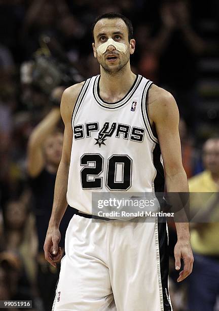 Guard Manu Ginobili of the San Antonio Spurs in Game Four of the Western Conference Semifinals during the 2010 NBA Playoffs at AT&T Center on May 9,...