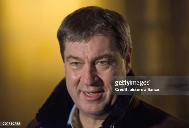 The Bavarian Minister of Finance Markus Soeder of the Christian Social Union speaks to reporters in front of the Banz monastery near Bad...