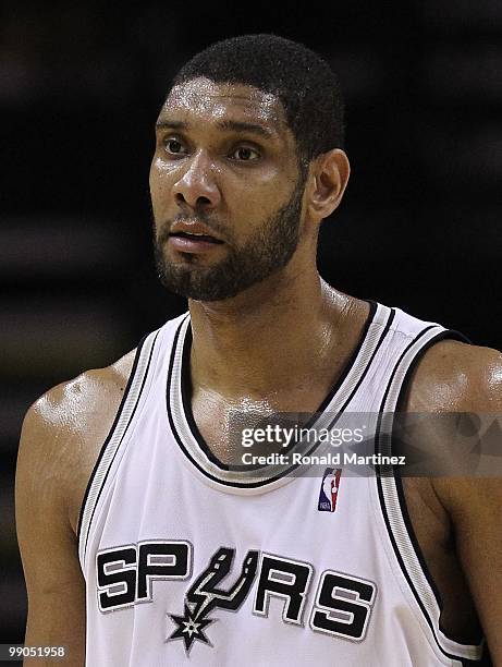 Forward Tim Duncan of the San Antonio Spurs in Game Four of the Western Conference Semifinals during the 2010 NBA Playoffs at AT&T Center on May 9,...