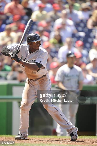Cameron Maybin of the Florida Marlins prepares to take a swing during a baseball game against the Washington Nationals on May 8, 2010 at Nationals...