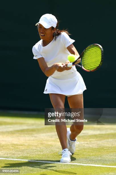 Su-Wei Hsieh of Taiwan returns against Anastasia Pavlyuchenkova of Russia during their Ladies' Singles first round match on day two of the Wimbledon...