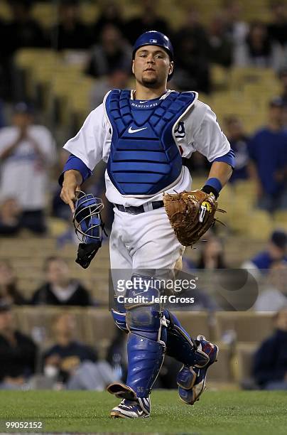 Russell Martin of the Los Angeles Dodgers plays against the Arizona Diamondbacks at Dodger Stadium on April 15, 2010 in Los Angeles, California.