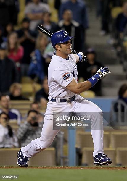 Casey Blake of the Los Angeles Dodgers bats against the Arizona Diamondbacks at Dodger Stadium on April 15, 2010 in Los Angeles, California.
