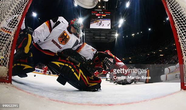 Dennis Endras, goalkeeper of Germany in action during the IIHF World Championship group A match between Denmark and Germany at Lanxess Arena on May...