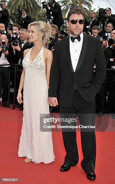 Russell Crowe and wife Danielle Spencer attend the Opening Night Premiere of 'Robin Hood' at the Palais des Festivals during the 63rd Annual...