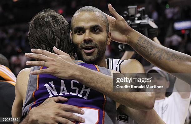 Guard Steve Nash of the Phoenix Suns talks with Tony Parker of the San Antonio Spurs in Game Four of the Western Conference Semifinals during the...