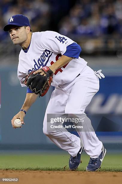 Jamey Carroll of the Los Angeles Dodgers plays against the Arizona Diamondbacks at Dodger Stadium on April 15, 2010 in Los Angeles, California.