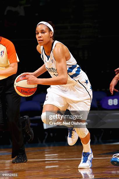 Lindsey Harding of the Washington Mystics drives the ball up court during the WNBA preseason game against the New York Liberty on May 5, 2010 at the...