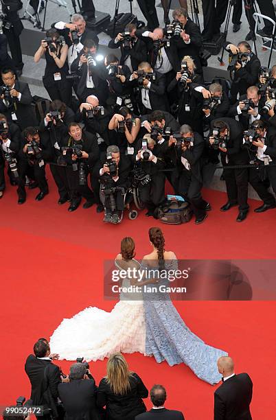 Aishwarya Rai Bachchan and Eva Longoria Parker attend the "Robin Hood" Premiere at the Palais des Festivals during the 63rd Annual Cannes Film...