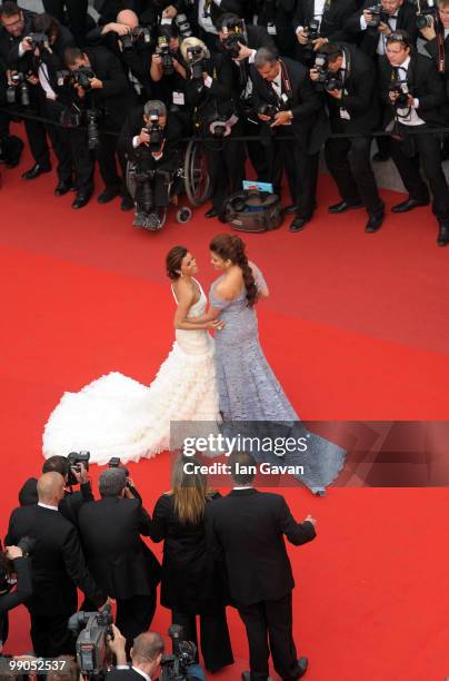 Aishwarya Rai Bachchan and Eva Longoria Parker attend the "Robin Hood" Premiere at the Palais des Festivals during the 63rd Annual Cannes Film...