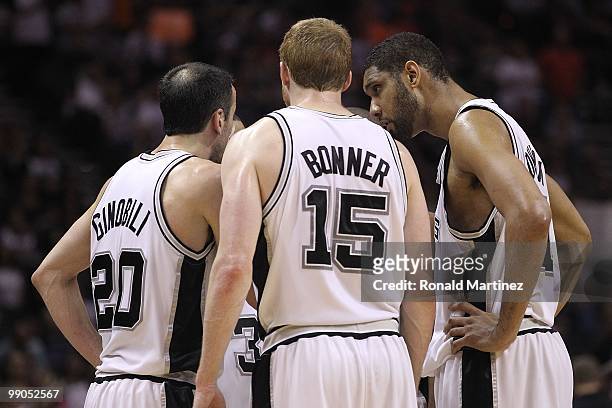 Tim Duncan and the San Antonio Spurs huddle in Game Four of the Western Conference Semifinals during the 2010 NBA Playoffs at AT&T Center on May 9,...