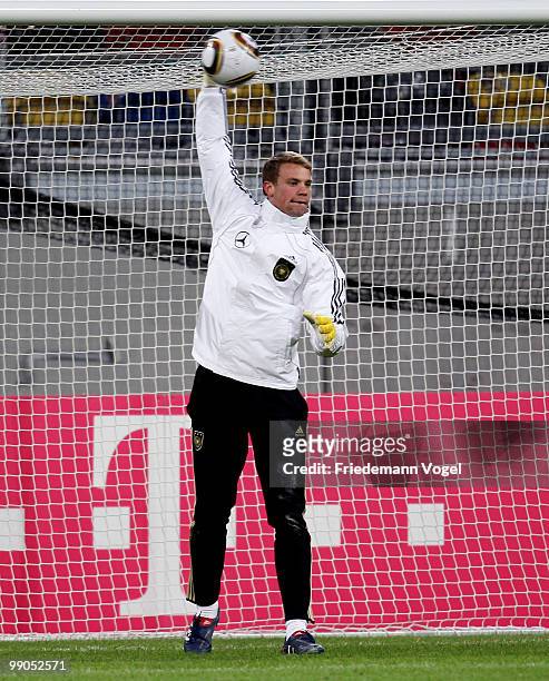 Goalkeeper Manuel Neuer catch the ball during a German National team training session at the Esprit Arena on May 12, 2010 in Dusseldorf, Germany.