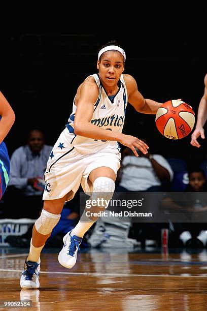 Lindsey Harding of the Washington Mystics drives the ball up court during the WNBA preseason game against the New York Liberty on May 5, 2010 at the...