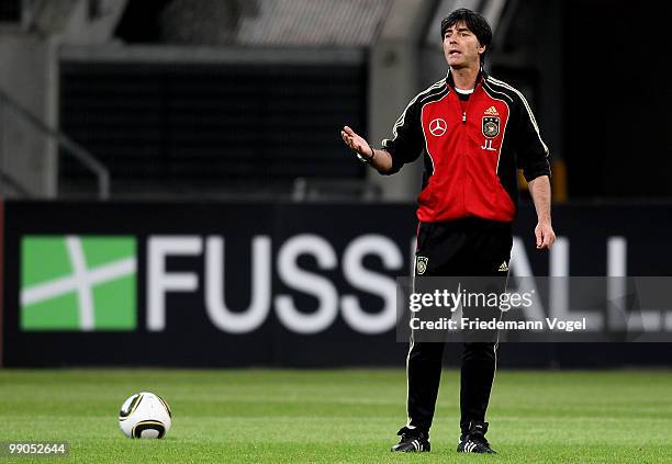 Coach Joachim Loew gives instructions during a German National team training session at the Esprit Arena on May 12, 2010 in Dusseldorf, Germany.