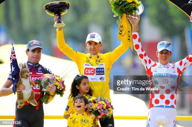 Tour De France, Stage 21Podium, Sastre Carlos Yellow Jersey Podium, Cadel Evans , Sastre Carlos Yellow Jersey + Yarae + Claudia , Bernhard Kohl...