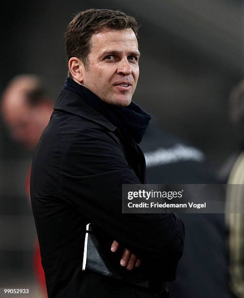 Manager Oliver Bierhoff looks on during a German National team training session at the Esprit Arena on May 12, 2010 in Dusseldorf, Germany.