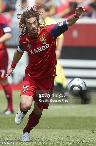 Midfielder Kyle Beckerman of Real Salt Lake brings the ball down field against the Philadelphia Union during an MLS soccer game on May 8, 2010 at Rio...