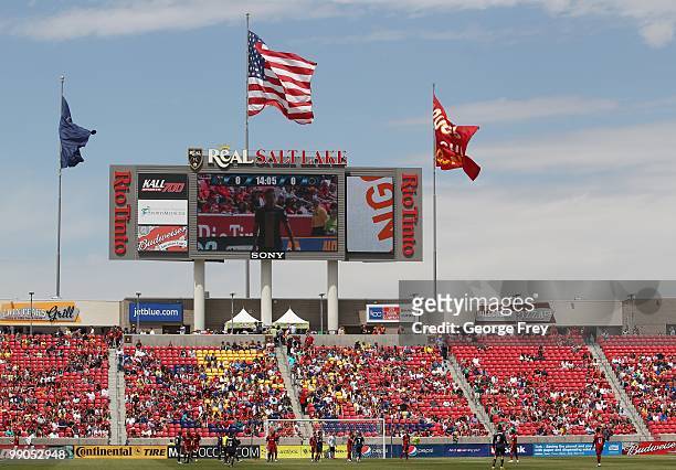 General view as flags fly during an MLS soccer game between the Philadelphia Union and Real Salt Lake on May 8, 2010 at Rio Tinto Stadium in Sandy,...
