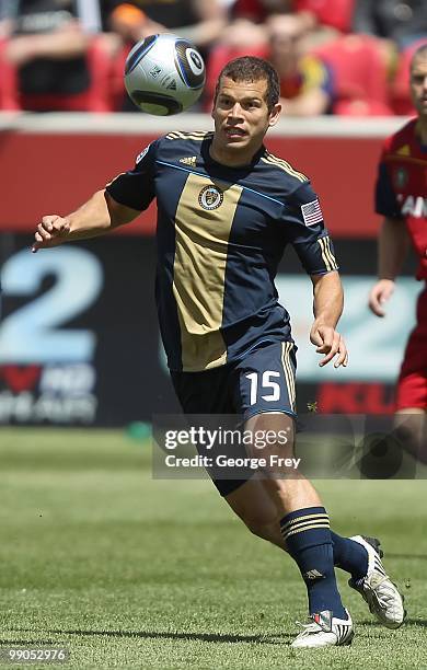 Alejandro Moreno of the Philadelphia Union looks at the ball against Real Salt Lake during an MLS soccer game on May 8, 2010 at Rio Tinto Stadium in...