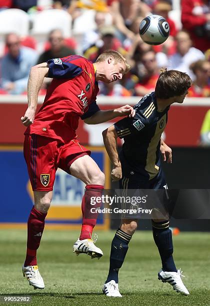 Defender Nat Borchers of Real Salt Lake heads the ball against Jack McInerney of the Philadelphia Union during an MLS soccer game on May 8, 2010 at...