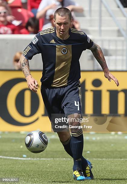 Danny Califf of the Philadelphia Union brings the ball down field against Real Salt Lake during an MLS soccer game on May 8, 2010 at Rio Tinto...