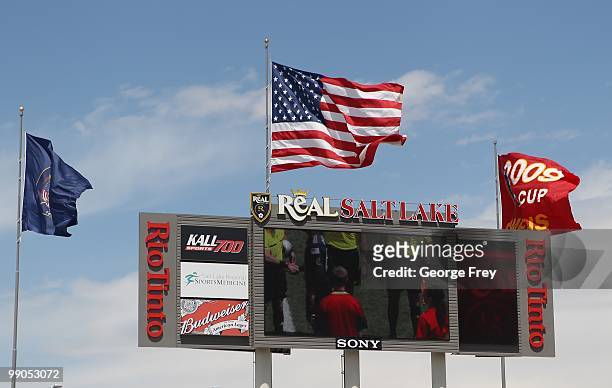 Flags fly before an MLS soccer game between the Philadelphia Union and Real Salt Lake on May 8, 2010 at Rio Tinto Stadium in Sandy, Utah.