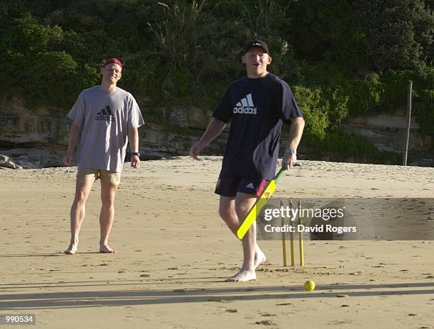 Neil Jenkins of the Lions plays cricket, thanks to Adidas, on a day off from training on Freshwater Beach, Sydney, Australia. DIGITAL IMAGE Mandatory...