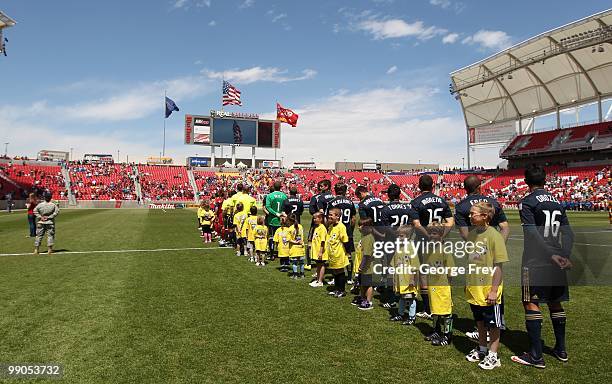 Flags fly as the National Anthem is played before an MLS soccer game between the Philadelphia Union and Real Salt Lake on May 8, 2010 at Rio Tinto...